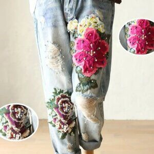 Women's  Vintage Floral Embroidered Ripped High-Waisted Denim Jeans